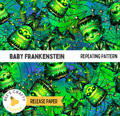 The image is a repeating pattern featuring a variety of green and black characters resembling bugs or insects, with some of them appearing to be skulls or other skull-like features. The pattern is vibrant and colorful, creating a visually striking and dynamic design.