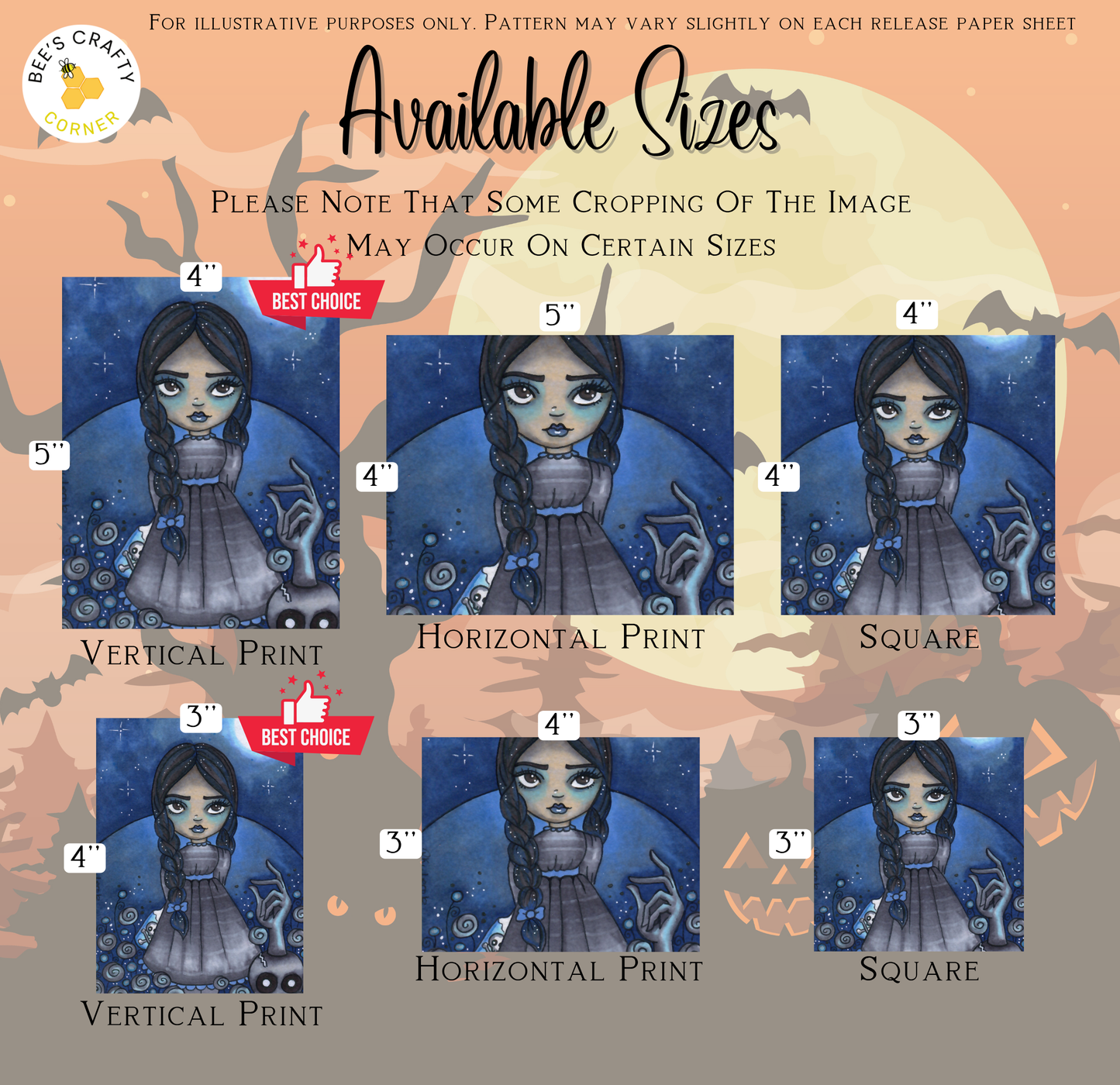 The image is a collage of six different illustrations of a young girl with dark hair and a spooky, moonlit background. The illustrations vary in size, with some being larger than others. The girl appears to be wearing a dress and has a spooky, witch-like appearance. The image does not contain any text, and the descriptions provided are general and may vary slightly for each release paper sheet.
