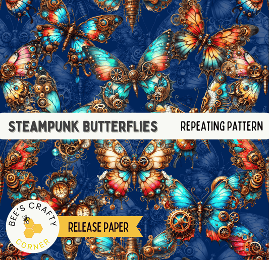 The image is a collage of various colorful and intricate mechanical butterflies, featuring gears, cogs, and other mechanical elements. The butterflies are arranged in a repeating pattern, creating a visually striking and detailed design.