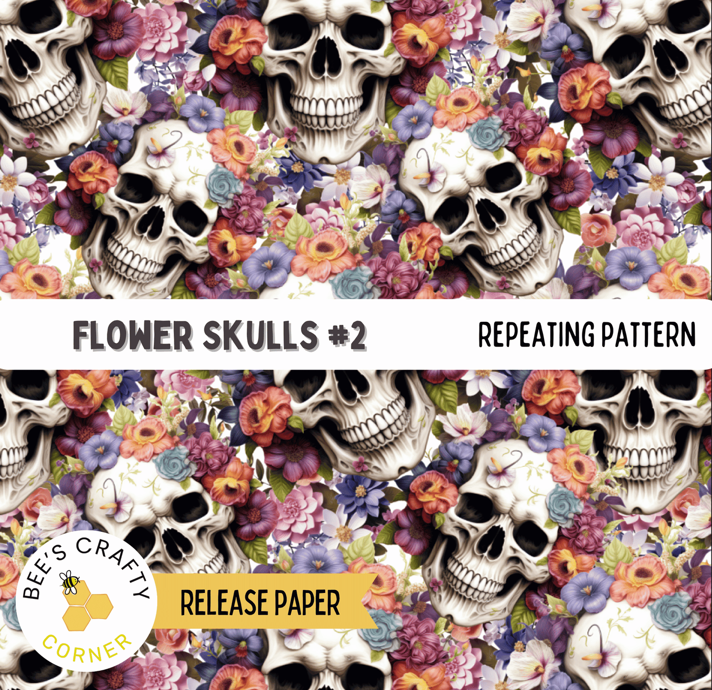 The image is a repeating pattern of skull faces surrounded by a variety of colorful flowers, creating a visually striking and vibrant design.