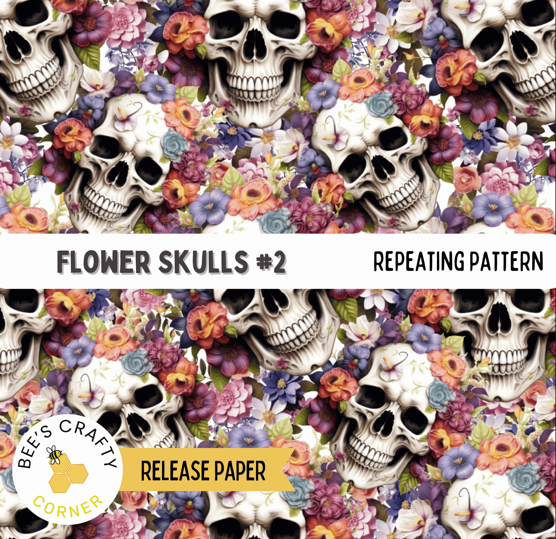 The image is a repeating pattern of skull faces surrounded by a variety of colorful flowers, creating a visually striking and vibrant design.