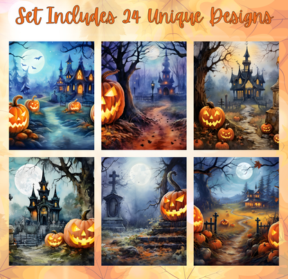 The image is a collage of six Halloween-themed pictures, each featuring a different scene with jack-o-lanterns, spooky houses, and other Halloween elements.