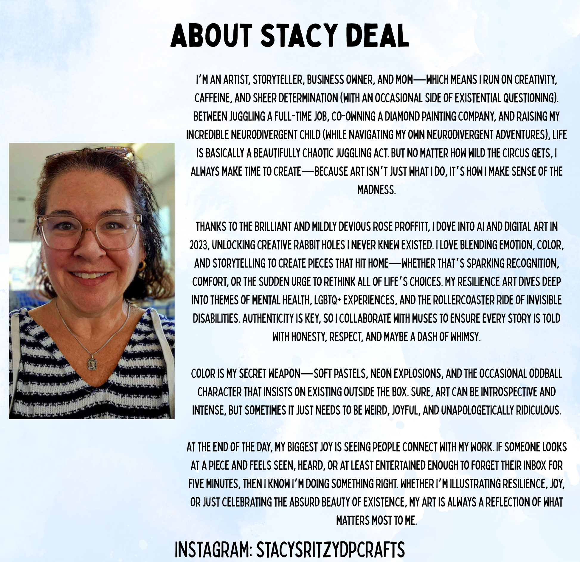 The image is a portrait of a woman with glasses, smiling, and wearing a necklace. The text is a personal narrative about the author's life and experiences, and it is written in a conversational style.