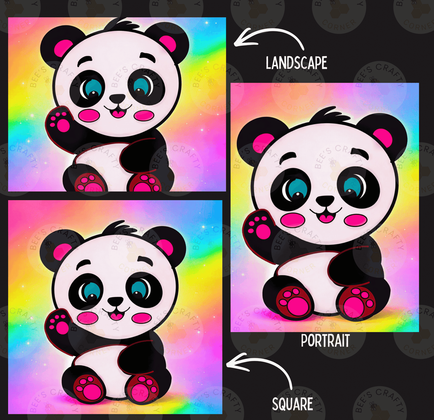The image is a collage of three images featuring a cute panda bear. The panda bear is depicted in different styles, including a landscape, a portrait, and a square.
