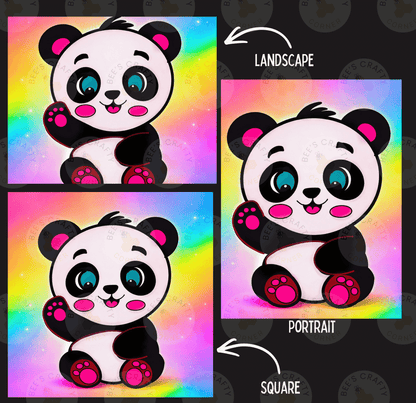 The image is a collage of three images featuring a cute panda bear. The panda bear is depicted in different styles, including a landscape, a portrait, and a square.