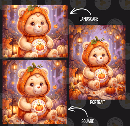 The image is a collage of three pictures featuring a teddy bear dressed in a pumpkin costume, surrounded by pumpkins and autumn decorations.
