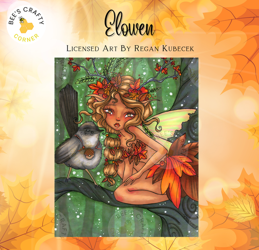 The image is a vibrant illustration featuring a fairy-like character with long, curly hair and a flower crown, sitting on a branch and holding a small bird. The background is a lush, green forest with falling leaves, creating a whimsical and enchanting atmosphere.
