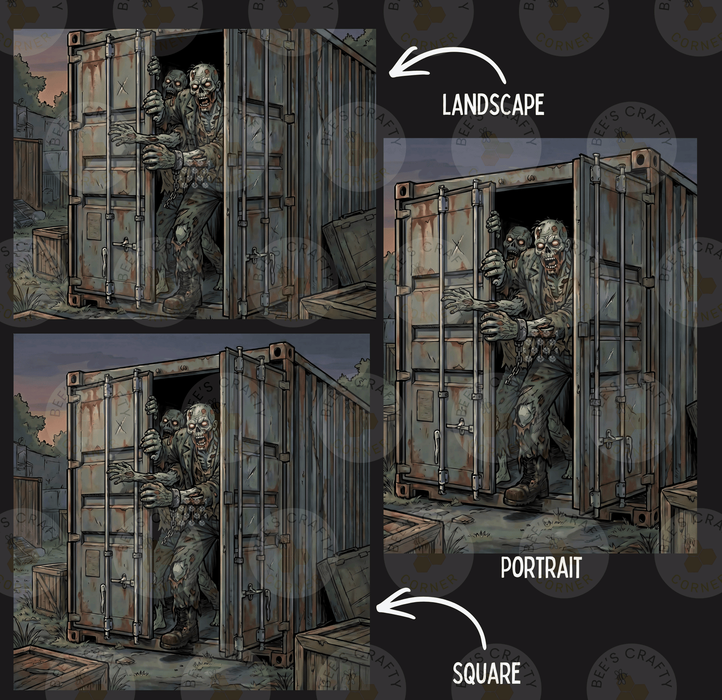 The image is a collage of three images depicting a zombie-like creature emerging from a rusted shipping container. The first image shows the creature peeking out from the container, the second image shows the creature fully emerged from the container, and the third image shows the creature again peeking out from the container. The image is labeled as a landscape, a portrait, and a square, indicating the different perspectives of the scene.