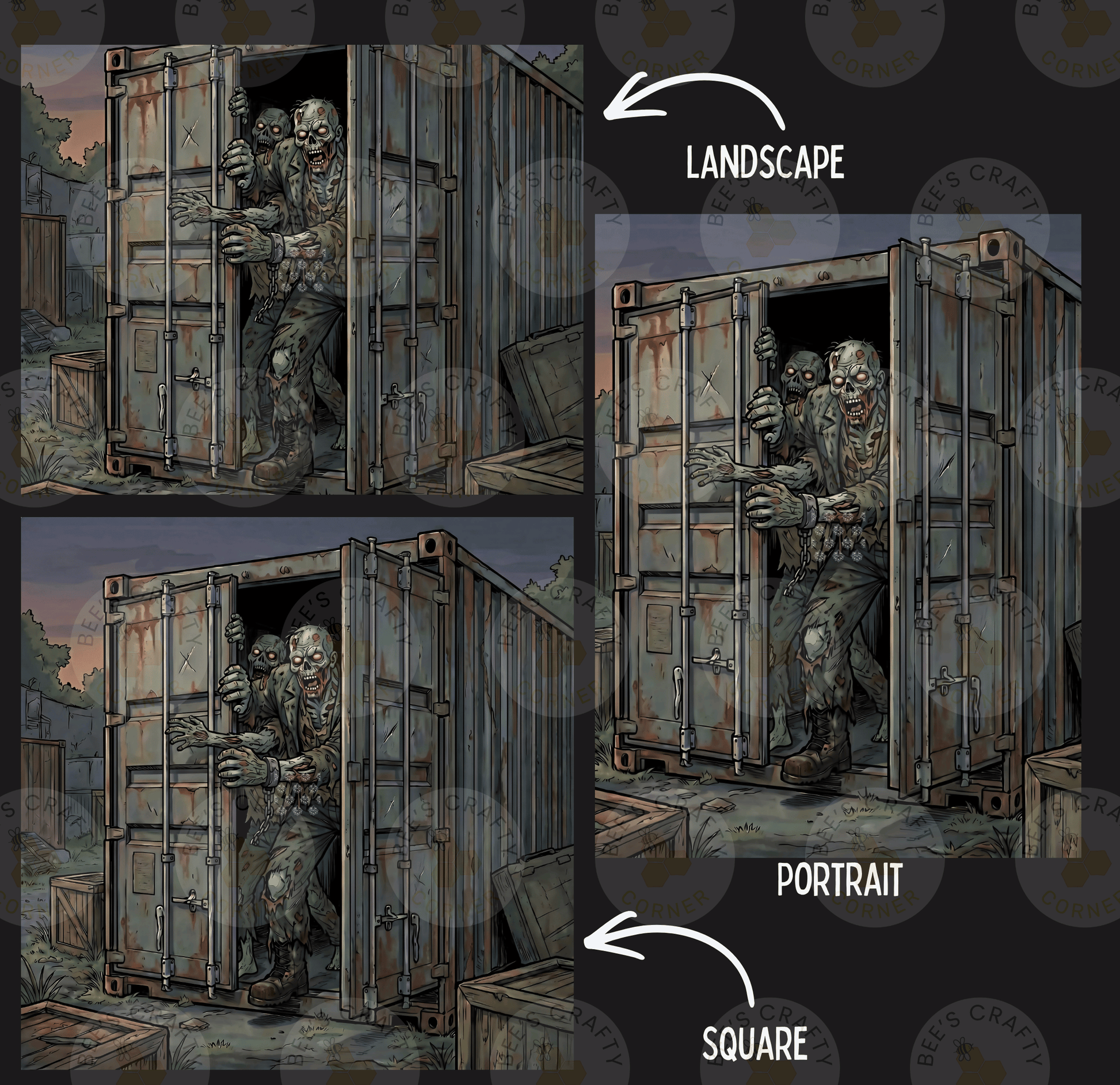 The image is a collage of three images depicting a zombie-like creature emerging from a rusted shipping container. The first image shows the creature peeking out from the container, the second image shows the creature fully emerged from the container, and the third image shows the creature again peeking out from the container. The image is labeled as a landscape, a portrait, and a square, indicating the different perspectives of the scene.