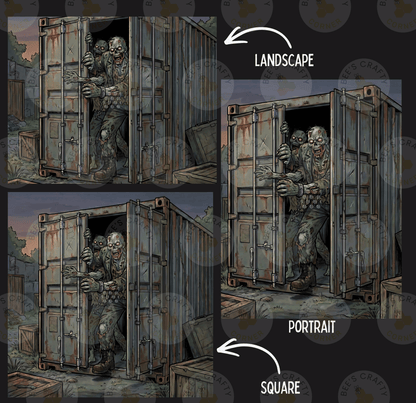 The image is a collage of three images depicting a zombie-like creature emerging from a rusted shipping container. The first image shows the creature peeking out from the container, the second image shows the creature fully emerged from the container, and the third image shows the creature again peeking out from the container. The image is labeled as a landscape, a portrait, and a square, indicating the different perspectives of the scene.