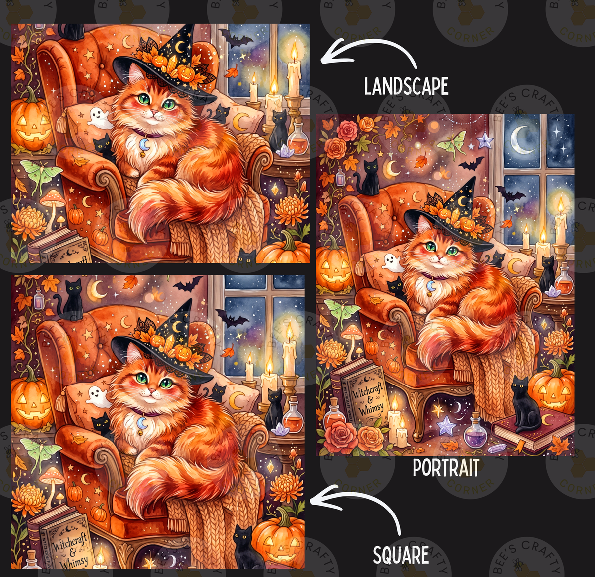The image is a collage of three pictures depicting a cat wearing a witch's hat, surrounded by Halloween-themed elements such as pumpkins, bats, and candles.