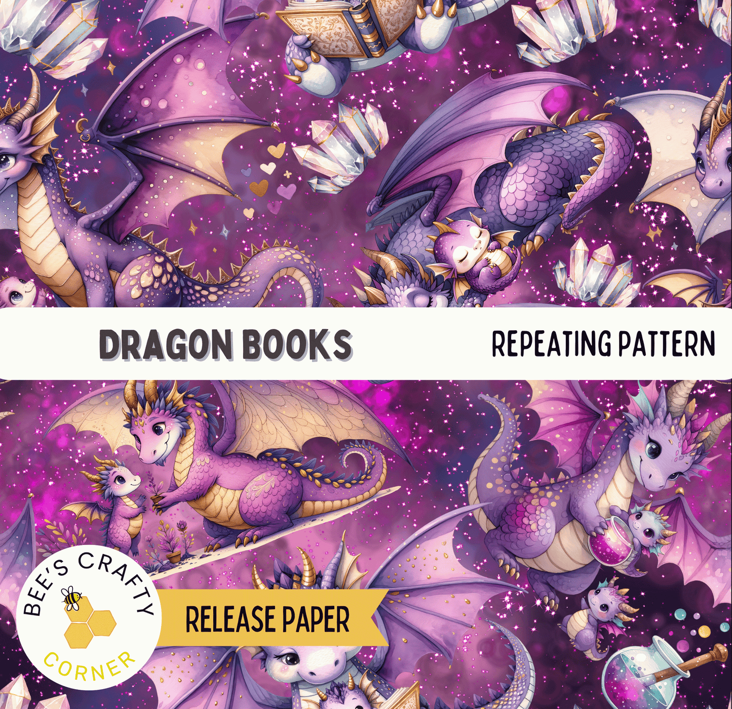 The image is a vibrant and whimsical illustration of a repeating pattern of purple dragons, each with unique features and expressions, set against a purple and pink background with sparkling stars.
