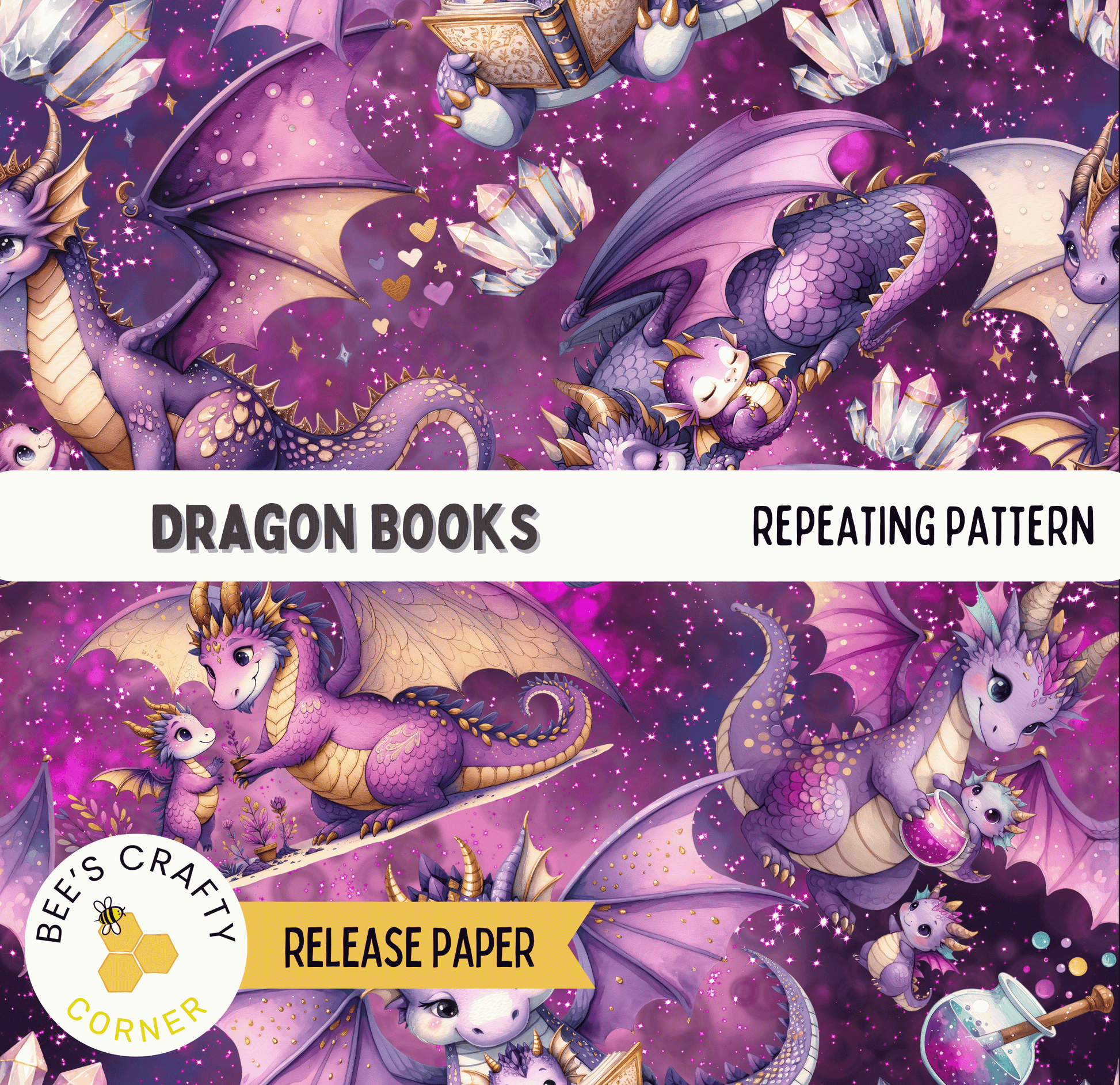 The image is a vibrant and whimsical illustration of a repeating pattern of purple dragons, each with unique features and expressions, set against a purple and pink background with sparkling stars.