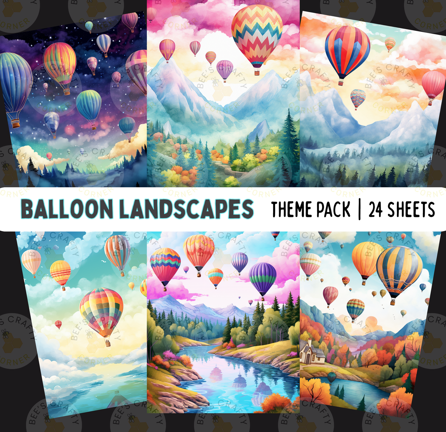 The image is a theme pack of 24 colorful and vibrant landscape paintings featuring various scenes with hot air balloons, mountains, forests, and other natural elements.