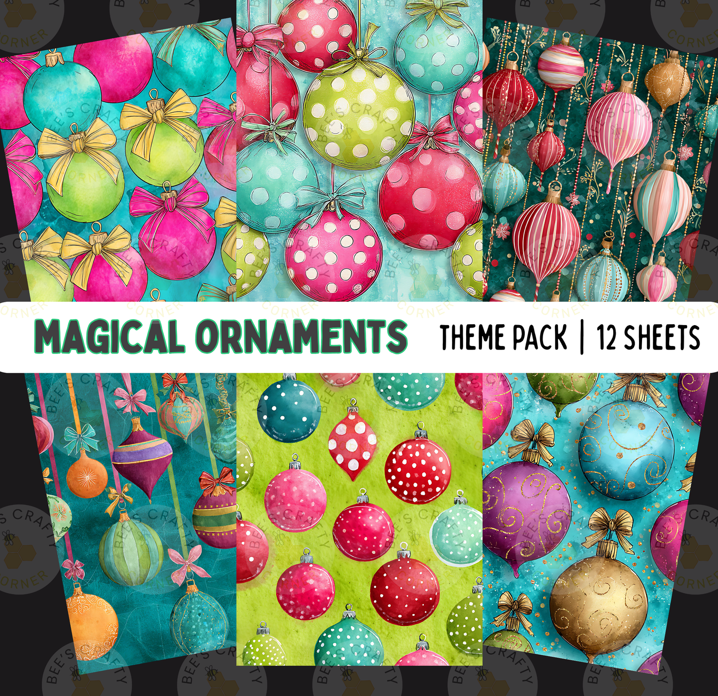 The image is a collage of 12 colorful and whimsical Christmas ornaments, each with unique patterns and designs. The ornaments include various shapes, sizes, and colors, such as polka dots, stripes, and solid colors, creating a festive and vibrant atmosphere. The collage is titled "Magical Ornaments" and includes a " Theme Pack | 12 Sheets" label, indicating that it is a set of 12 individual ornaments.
