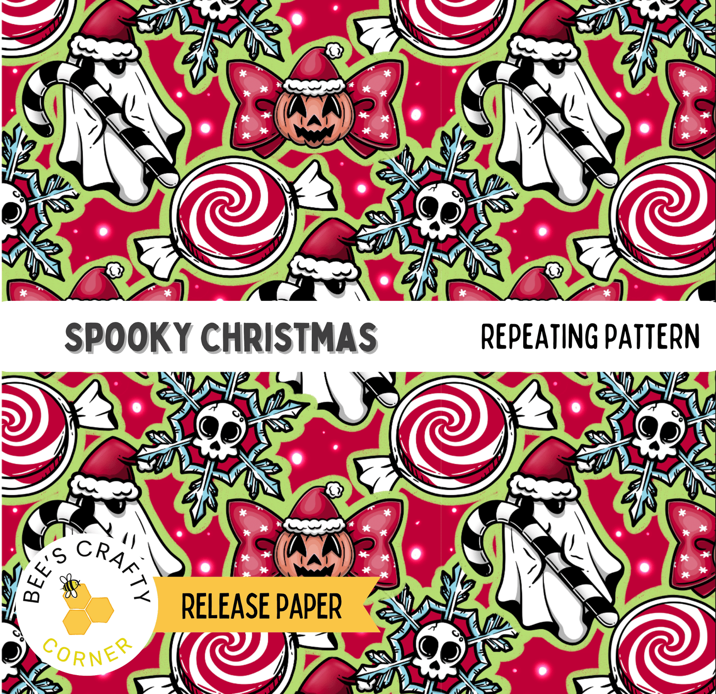 The image is a repeating pattern of Halloween-themed elements, including skulls, candy canes, snowflakes, and a ghost.