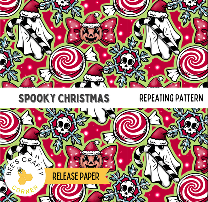 The image is a repeating pattern of Halloween-themed elements, including skulls, candy canes, snowflakes, and a ghost.