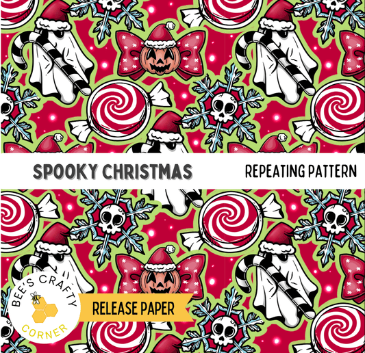 The image is a repeating pattern of Halloween-themed elements, including skulls, candy canes, snowflakes, and a ghost.