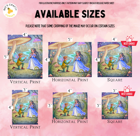 The image is a collection of six different illustrations of a fairy tale scene, each depicting a different size of the same illustration. The illustrations are arranged in a grid format, with three illustrations in each row and two illustrations in each column. The illustrations are labeled with their respective sizes, and there are descriptions provided for each illustration.