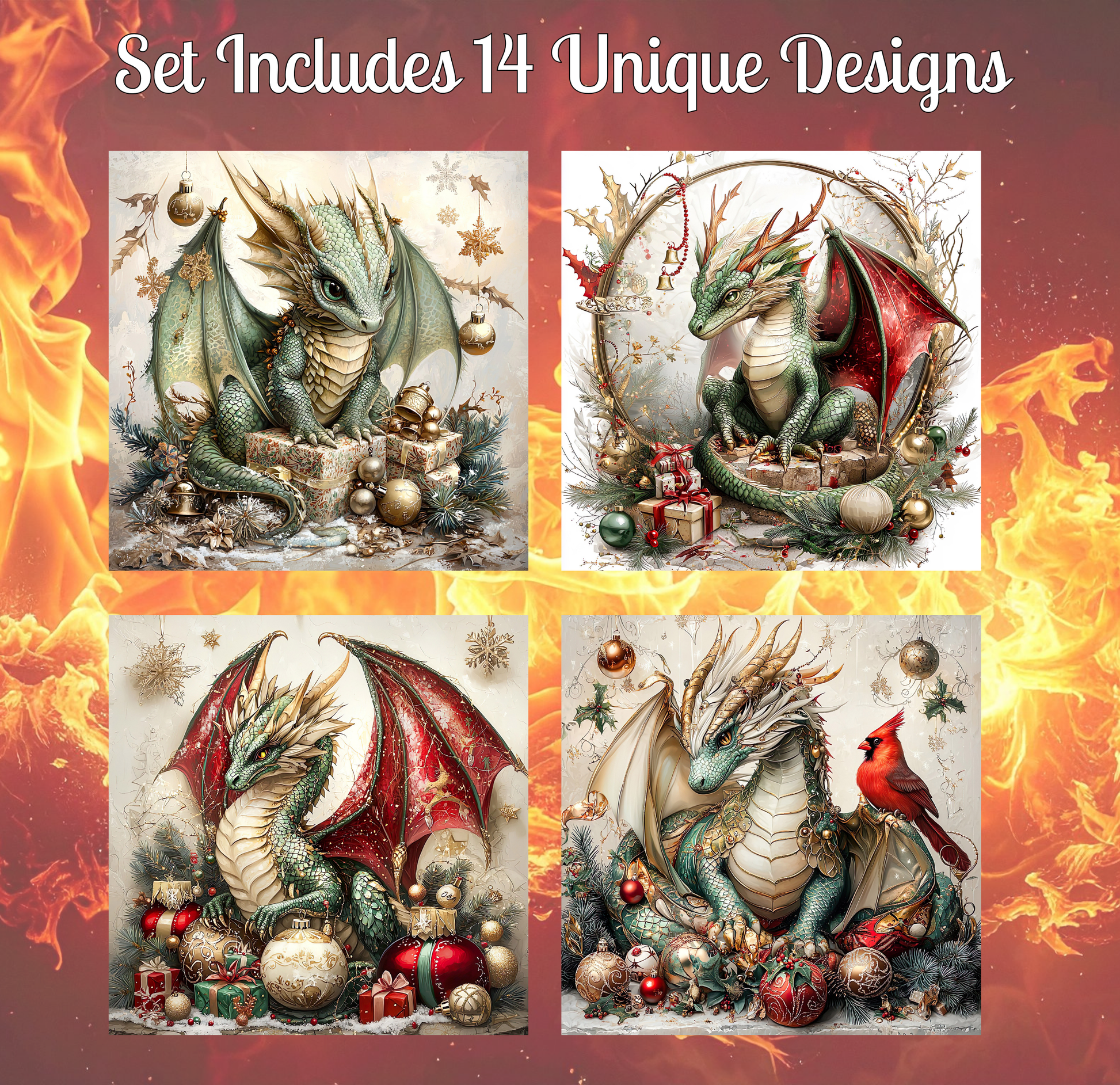 four distinct illustrations of dragons, each with unique designs and decorations. The dragons are surrounded by various holiday-themed elements, such as Christmas ornaments, snowflakes, and a bird. The illustrations showcase a diverse range of styles and artistic approaches, creating a visually captivating and festive display.