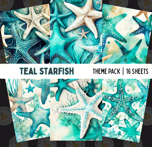 The image is a collage of 16 different starfish and starfish-themed artworks, each with a unique color scheme and design. The artworks feature a variety of starfish shapes and sizes, with some appearing to be in shades of blue, green, and white. The collage showcases a diverse collection of starfish and starfish-inspired artworks, creating a visually appealing and cohesive theme.