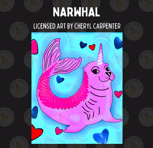 The image is a colorful illustration of a pink unicorn-like creature with a unicorn horn, surrounded by hearts and hearts in various colors.
