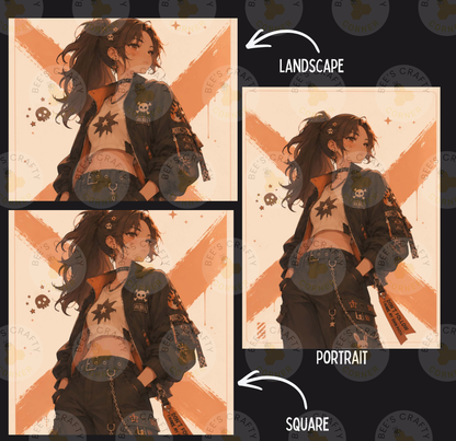The image is a collage of three images featuring a young woman with long hair and a distinctive outfit, including a jacket with skull designs and a skull-patterned shirt. The collage is labeled as a "Landscape" and "Portrait" to indicate the different artistic styles used in the images.