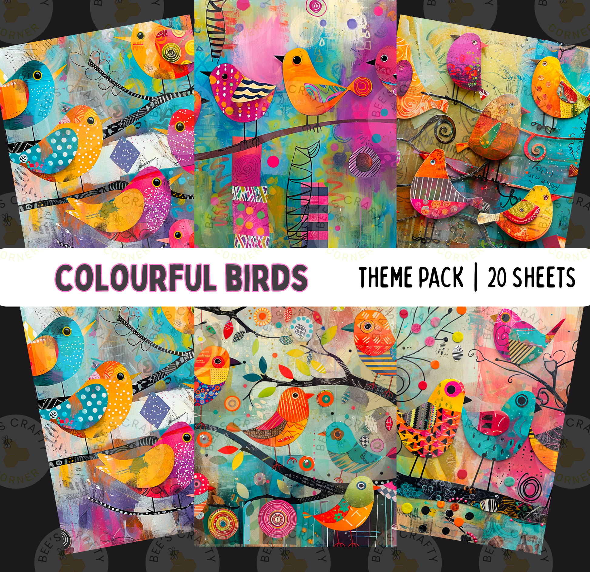 The image is a vibrant collage of colorful bird illustrations, featuring various types of birds in different poses and settings. The collage includes multiple bird illustrations, each with unique colors and patterns, creating a lively and dynamic visual display.