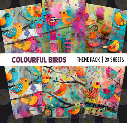 The image is a vibrant collage of colorful bird illustrations, featuring various types of birds in different poses and settings. The collage includes multiple bird illustrations, each with unique colors and patterns, creating a lively and dynamic visual display.