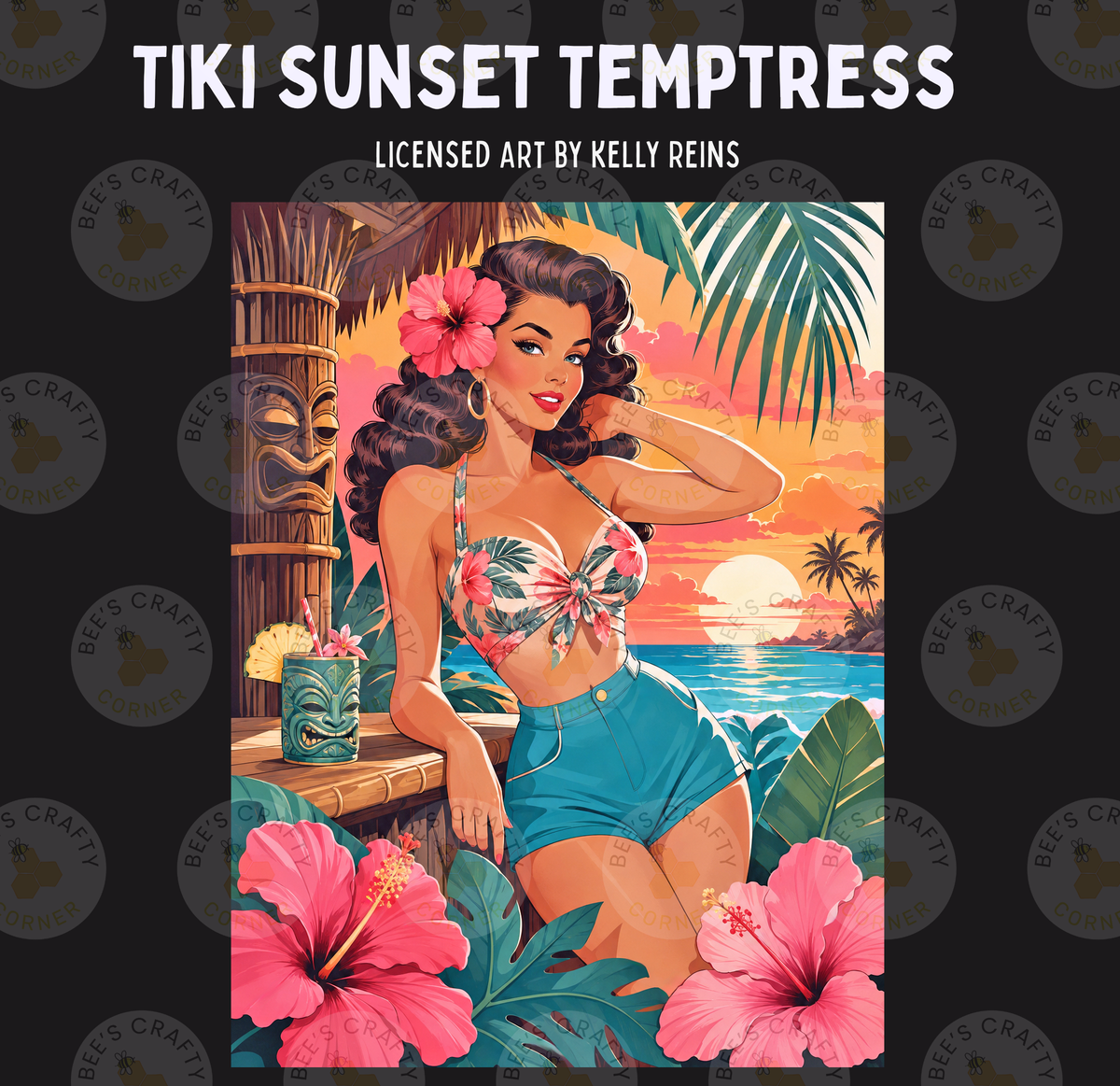The image is a vibrant illustration of a woman in a tropical setting, surrounded by hibiscus flowers, palm trees, and a sunset.