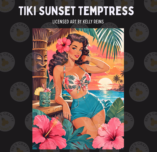 The image is a vibrant illustration of a woman in a tropical setting, surrounded by hibiscus flowers, palm trees, and a sunset.