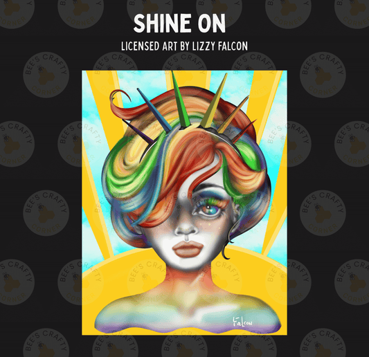 The image is a digital illustration featuring a colorful, stylized portrait of a woman with vibrant, multicolored hair and makeup.