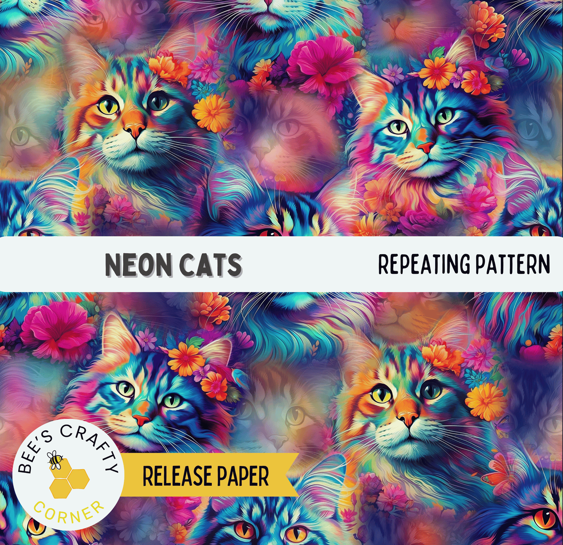 The image is a vibrant and colorful collage of cats with flowers, featuring a repeating pattern of the cats and flowers throughout the image.