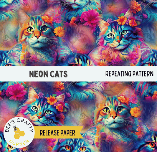 The image is a vibrant and colorful collage of cats with flowers, featuring a repeating pattern of the cats and flowers throughout the image.