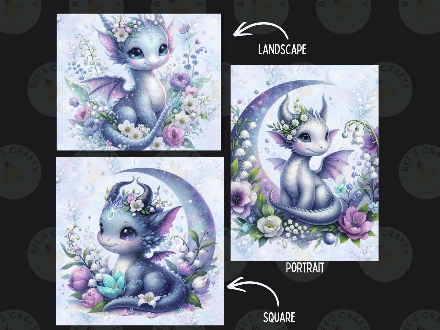three different artistic representations of a dragon, each with a unique style and color scheme. The dragon is surrounded by flowers and a crescent moon, creating a whimsical and fantastical atmosphere. The images are labeled as "Landscape", "Portrait", and "Square", indicating the different artistic interpretations of the dragon.