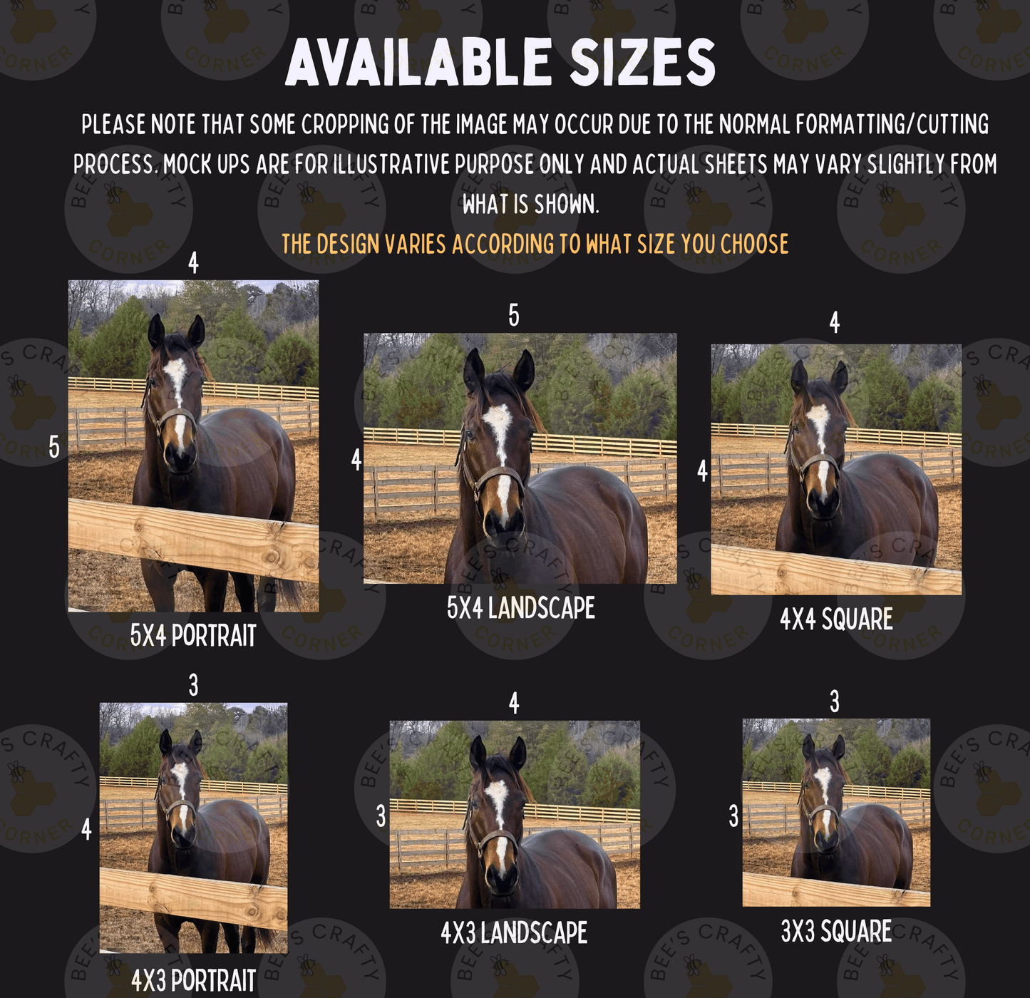 The image is a collage of six different sizes of horses, each in a different setting, such as a field, a stable, and a pasture. The horses are shown in various poses and arrangements, and the image is described in terms of the sizes of the photos, with the text "AVAILABLE SIZES" and "THE DESIGN VARIANTS ACCORDING TO WHAT SIZE YOU CHOOSE" provided.