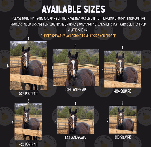 The image is a collage of six different sizes of horses, each in a different setting, such as a field, a stable, and a pasture. The horses are shown in various poses and arrangements, and the image is described in terms of the sizes of the photos, with the text "AVAILABLE SIZES" and "THE DESIGN VARIANTS ACCORDING TO WHAT SIZE YOU CHOOSE" provided.