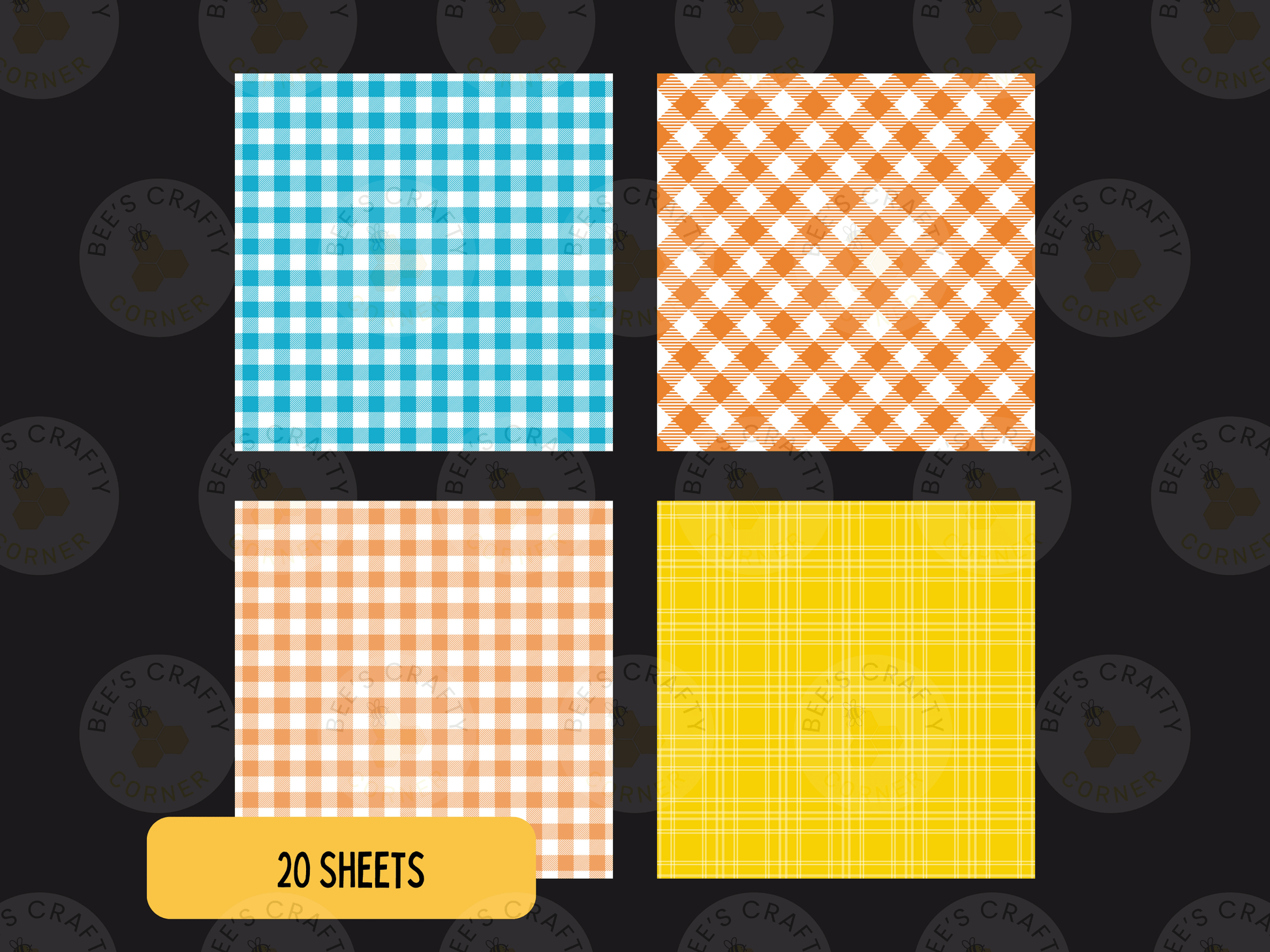four square patterns with different color schemes and designs, including a blue and white checkered pattern, an orange and white checkered pattern, a yellow and white checkered pattern, and a yellow and white checkered pattern. The image also includes a text overlay that says "20 SHEETS" and a logo that reads "BEES CRAFTY CORNER".