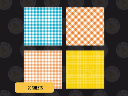 four square patterns with different color schemes and designs, including a blue and white checkered pattern, an orange and white checkered pattern, a yellow and white checkered pattern, and a yellow and white checkered pattern. The image also includes a text overlay that says "20 SHEETS" and a logo that reads "BEES CRAFTY CORNER".