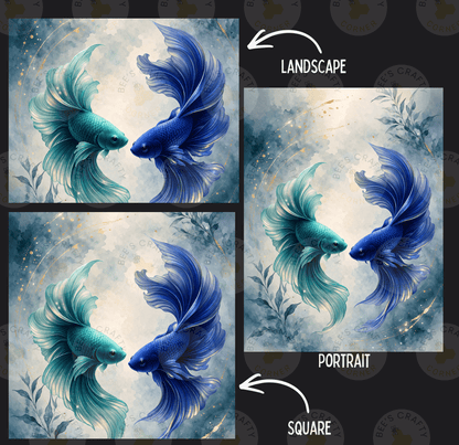The image is a collage of three images depicting two blue fish facing each other, with one fish appearing larger than the other. The images are labeled as "Landscape" and "Portrait" and are accompanied by arrows indicating the direction of the fish's movement.