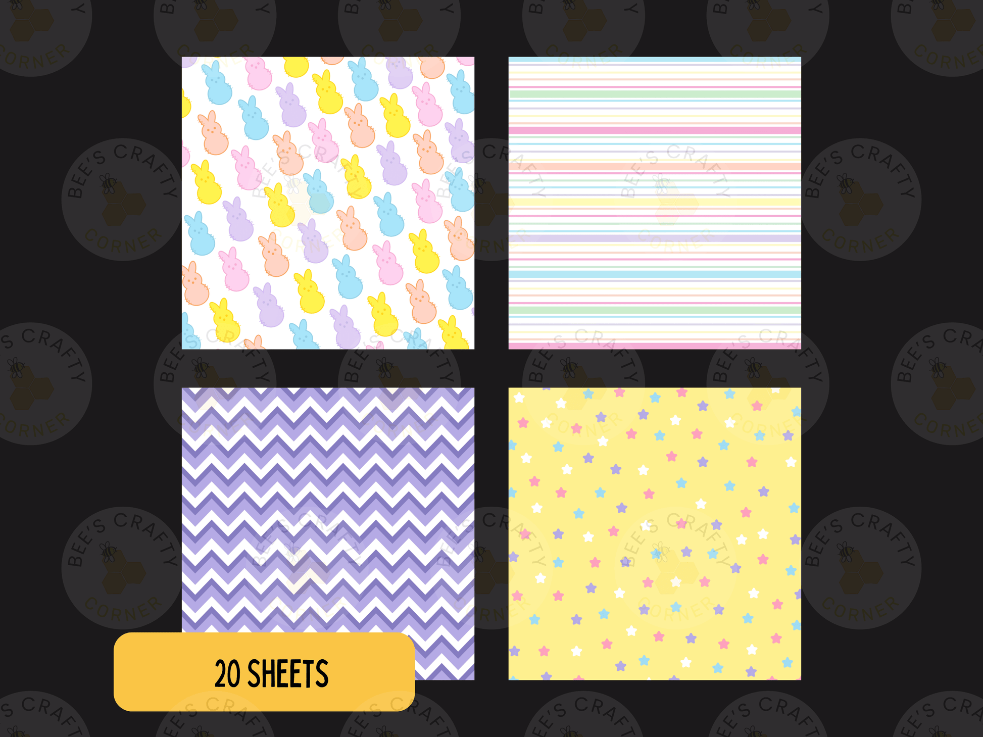 four different patterns, including a zigzag pattern, a striped pattern, a yellow and white pattern, and a yellow and white pattern with small white stars. The image also includes a label that says "20 SHEETS" and a logo that reads "bees crafty corner".