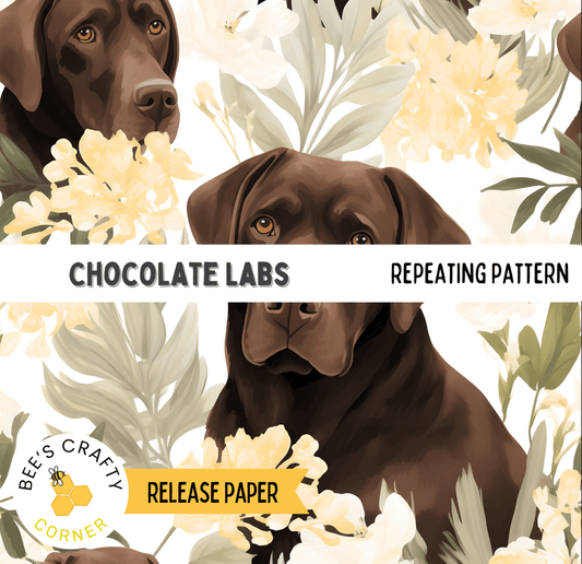The image is a collage of two images featuring chocolate Labrador Retrievers surrounded by yellow flowers. The collage is titled "Chocolate Labs Repeating Pattern" and includes the text "RELEASE PAPER" at the bottom.