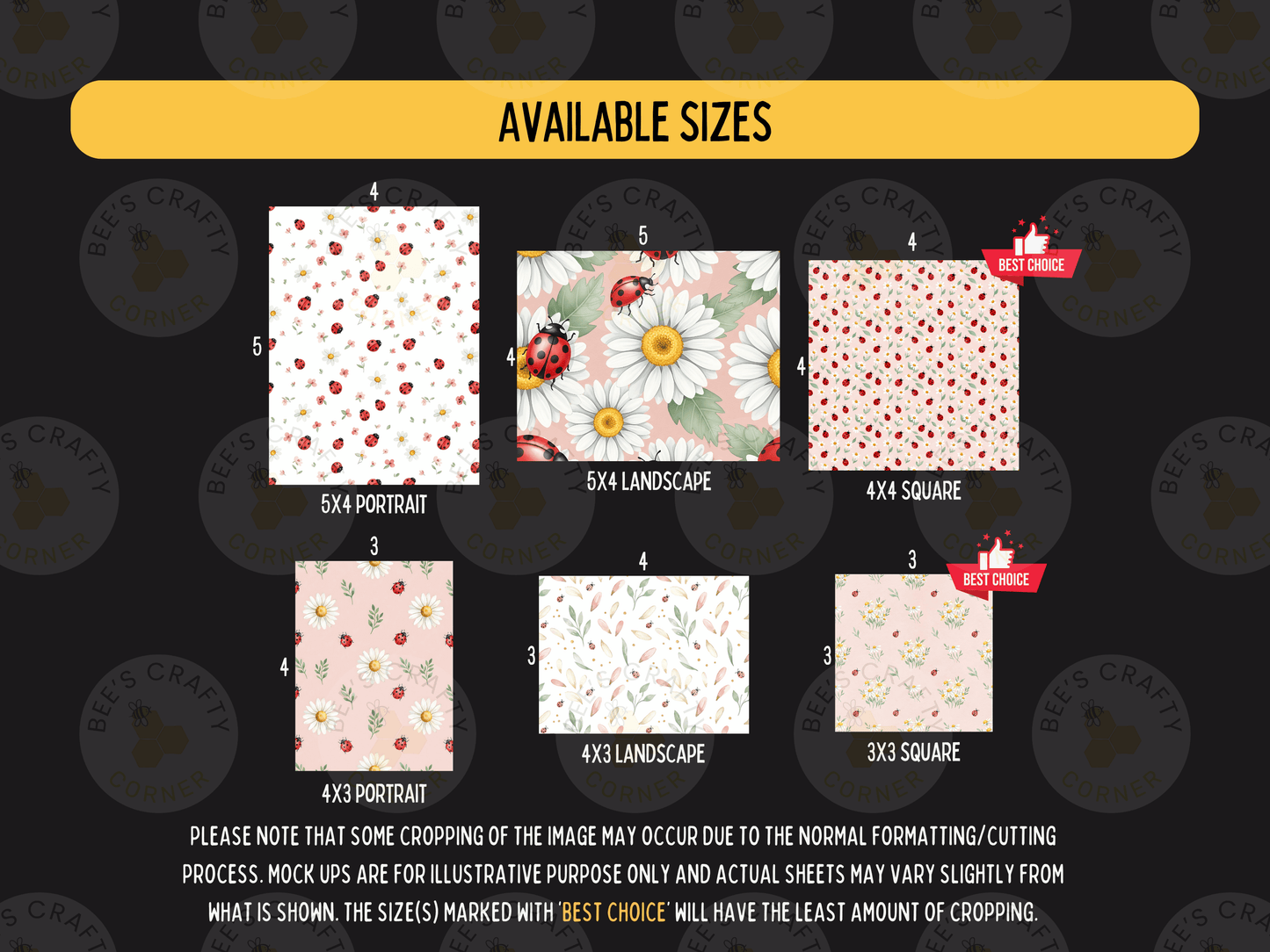 a variety of available sizes for different types of patterns, including 5x4 portrait, 5x5 landscape, 4x3 square, 4x4 portrait, 4x5 landscape, and 3x3 square.