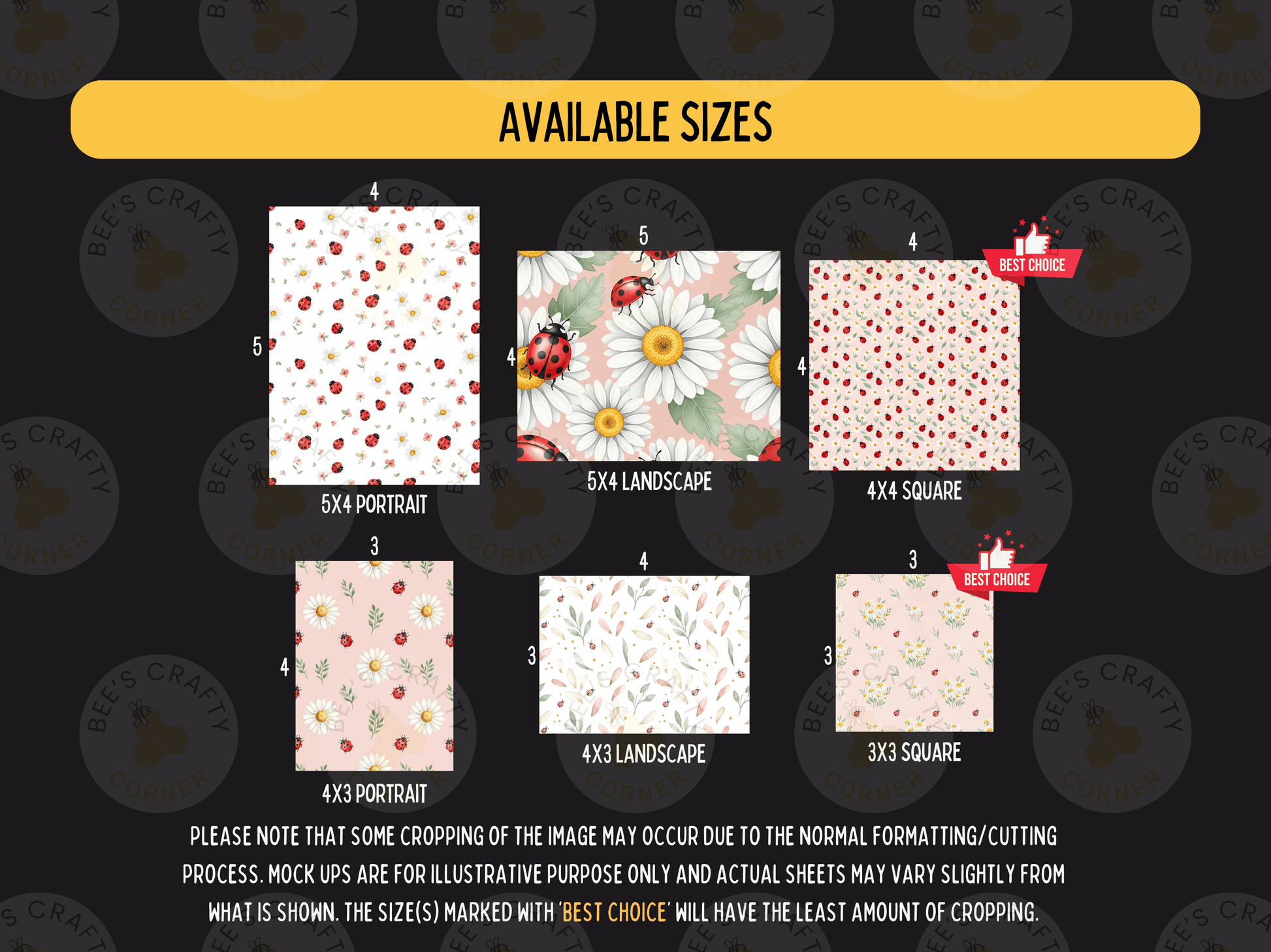 a variety of available sizes for different types of patterns, including 5x4 portrait, 5x5 landscape, 4x3 square, 4x4 portrait, 4x5 landscape, and 3x3 square.
