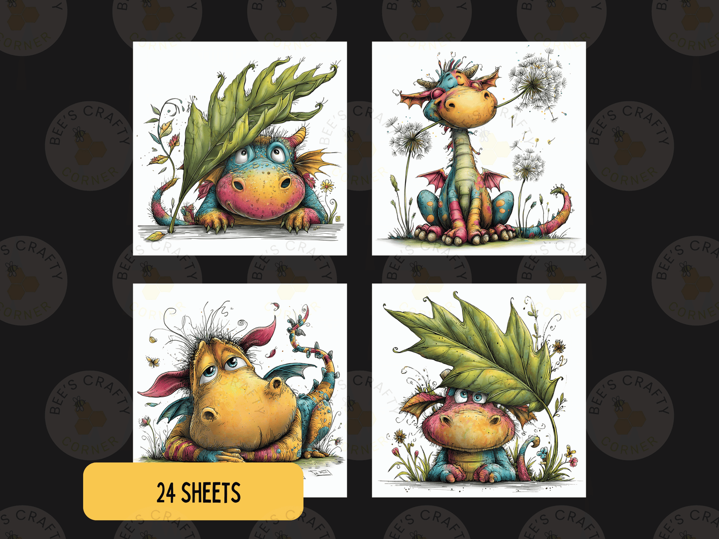 four colorful illustrations of whimsical, fantastical creatures, including dragons, fairies, and other mythical beings, each with unique features and expressions.