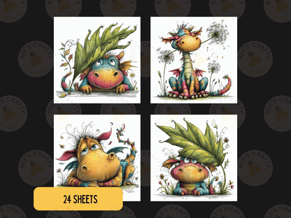 four colorful illustrations of whimsical, fantastical creatures, including dragons, fairies, and other mythical beings, each with unique features and expressions.
