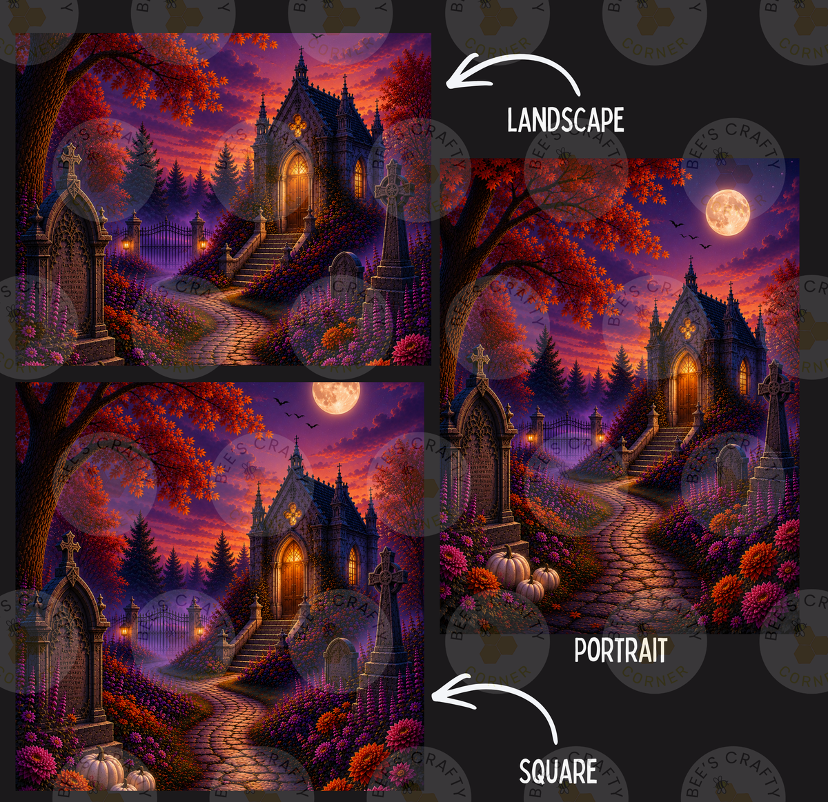 The image is a collage of three pictures depicting a nighttime landscape with a castle, graveyard, and moonlit sky.