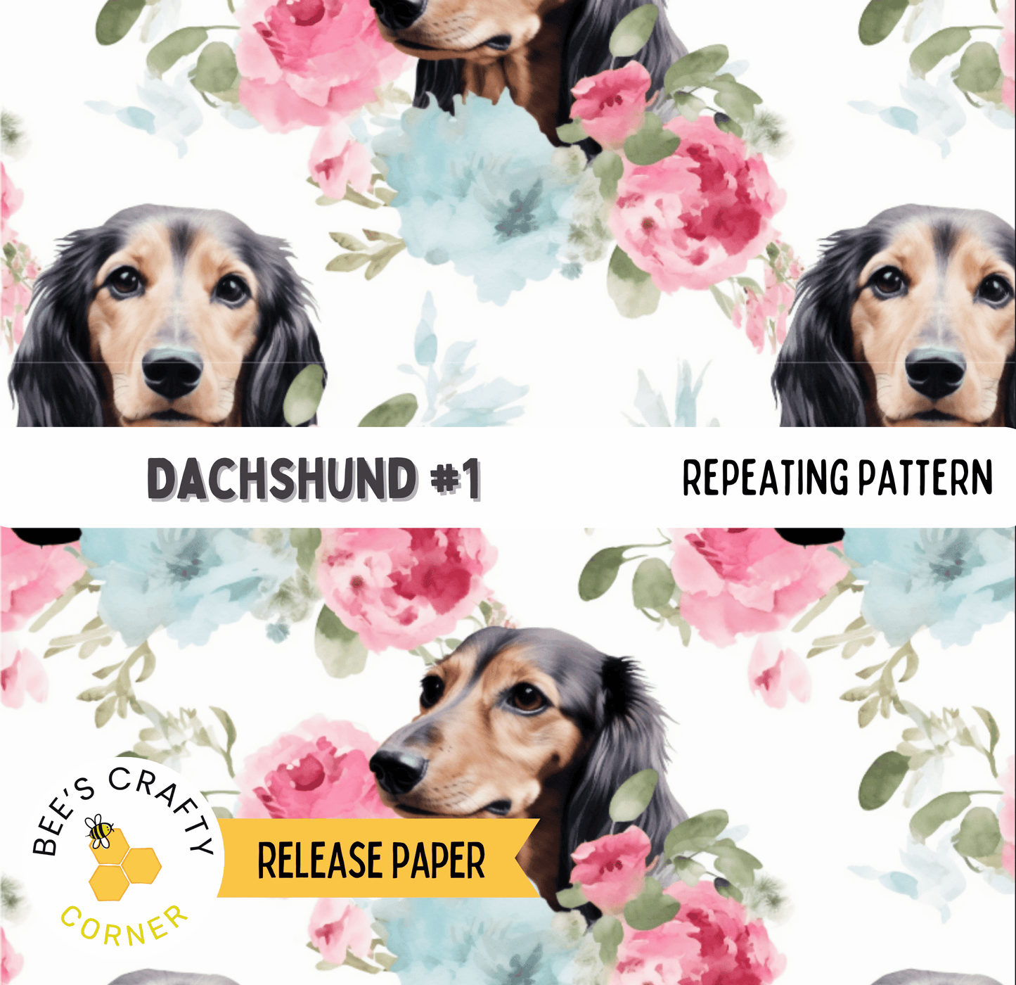 The image is a collage of three images featuring a dachshund dog surrounded by pink and blue flowers.