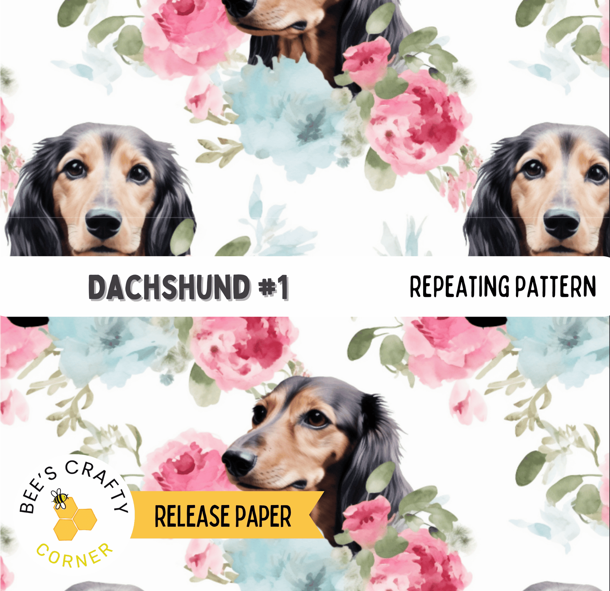 The image is a collage of three images featuring a dachshund dog surrounded by pink and blue flowers.