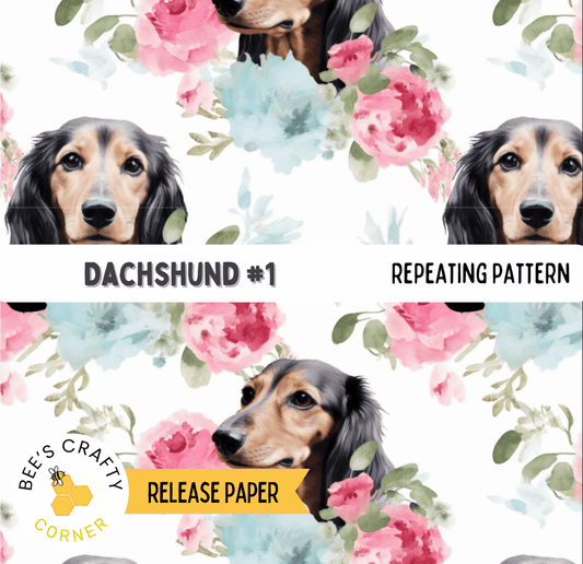 The image is a collage of three images featuring a dachshund dog surrounded by pink and blue flowers.